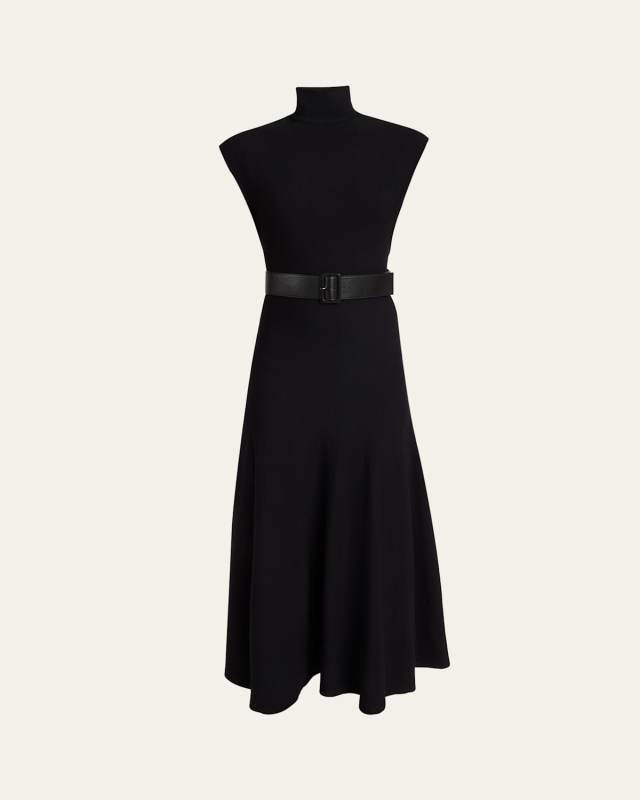 High-Neck Wool Belted Dress